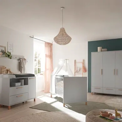 Babyzimmer Sets, Mäusbacher, Grau – Besonderheit: Set bestehend aus einem Kinderbett, einer breiten Wickelkommode und einem 3-türigen Kleiderschrank