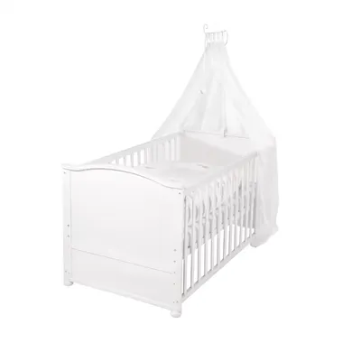 Gitterbetten, roba, Weiß – Besonderheit: Babybett inklusive Himmelstange, antiallergischer Matratze, Bettwäsche mit Nestchen und Umbauecken
