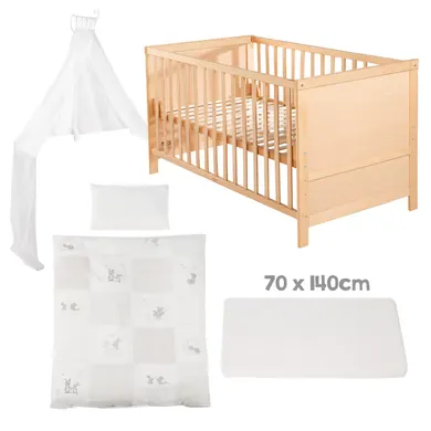 Gitterbetten, LITTLE ONE, Braun – Besonderheit: Set mit Gitterbett, Matratze, Bettbezug und Himmel