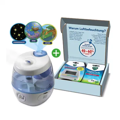 Luftbefeuchter, WICK, Weiß – Besonderheit: Set bestehend aus Luftbefeuchter und Starter Kit mit Hygrometer & Thermometer
