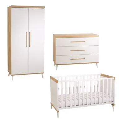 PAIDI, Weiß – Besonderheit: Set aus Kinderbett, breiter Wickelkommode, Wickelaufsatz und 2-türigem Kleiderschrank