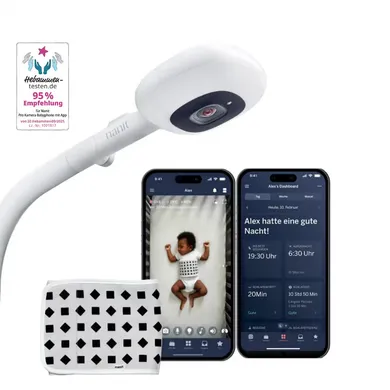 Babyphone, Nanit, Weiß – Besonderheit: Nanit Pro Kamera-Babyphone mit Bodenständer und passender App; sensorfreies Atemüberwachungsband aus Baumwolle (0–3 Monate)