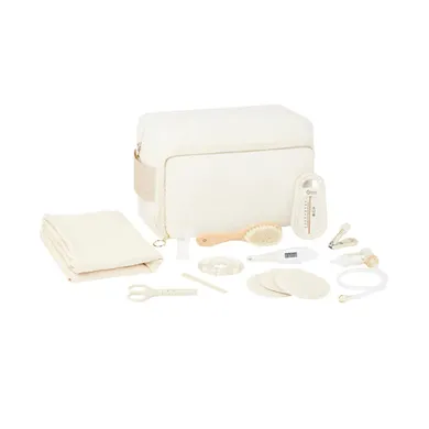 Babypflege-Sets, babymoov, Weiß – Besonderheit: enthält Wickeltuch, 3 Mikrofasertücher, Holzbürste, Badethermometer, Fieberthermometer, Beißring, Nagelfeile, Nasensauger, Nagelknipser, Spitzenschere und Zahnfleischmassagegerät