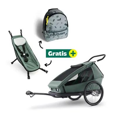 Fahrradanhänger, Croozer, Grün – Besonderheit: Set bestehend aus Fahrradanhänger, Babysitz und Kinderrucksack