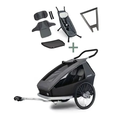 Fahrradanhänger, Croozer, Grau – Besonderheit: Set bestehend aus Fahrradanhänger, Babysitz, Fußraumschutzwanne, Belüftungseinsatz und Sitzstütze