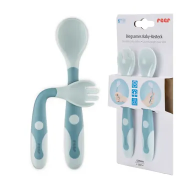 Kinderbesteck, reer, Blau – Besonderheit: um 360 Grad biegbares, flexibles Lernbesteck