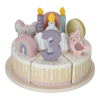 Holzspielzeug, LITTLE DUTCH, Pink – Besonderheit: mit 6 Kuchenstücken, Teller, Tortenheber, Donut, Macaron, Vögelchen, Schmetterling, Regenbogen, 5 Kerzen, 3 Sahnehäubchen und 5 Zahlen