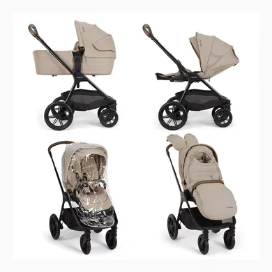 Kombi-Kinderwagen, nuna, Beige – Besonderheit: Set bestehend aus Kinderwagen, Babywanne, Regenverdeck, Fußsack und Handschuhe sowie Babyschalenadapter