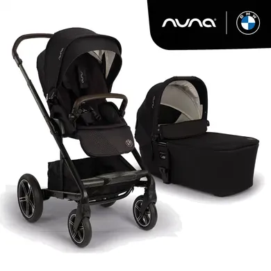 Kombi-Kinderwagen, nuna, Schwarz – Besonderheit: intensives Carbon-Schwarz mit dem unverwechselbaren BMW Trinity Muster und dunkelbraunen Leatherette-Akzenten