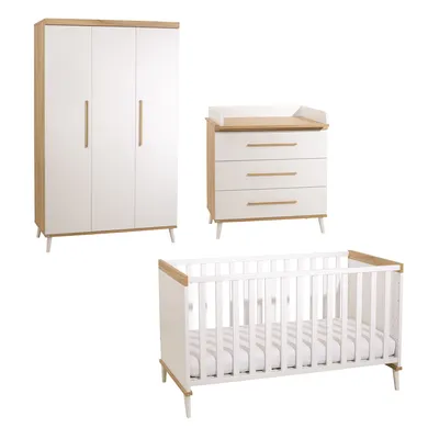 PAIDI, Weiß – Besonderheit: Set aus Kinderbett, schmaler Wickelkommode, Wickelaufsatz und 3-türigem Kleiderschrank