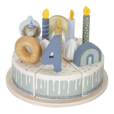 Holzspielzeug, LITTLE DUTCH, Blau – Besonderheit: mit 6 Kuchenstücken, Teller, Tortenheber, Donut, Macaron, Löwe, Fuchs, Regenbogen, 5 Kerzen, 3 Sahnehäubchen und 5 Zahlen
