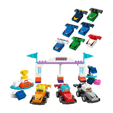 Konstruktionsspielzeug, LEGO, Mehrfarbig – Besonderheit: mehrere Rennwagen, Kran mit Hebefunktion, Startampeln, Siegerpodest und Pokal