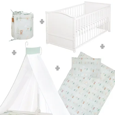 Gitterbetten, roba, Weiß – Besonderheit: Babybett inklusive Himmelstange, Matratze, Bettwäsche mit Nestchen und Umbauecken