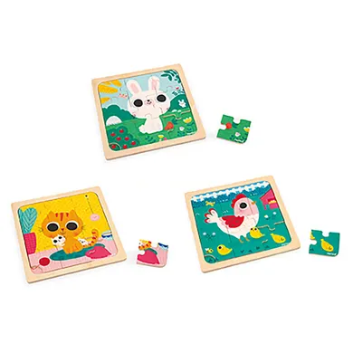Holzpuzzle, Janod, Mehrfarbig – Besonderheit: drei verschiedene Puzzles