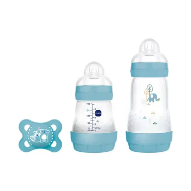 Babyfläschchen, MAM, Blau – Besonderheit: Set bestehend aus 2x Easy Start Anti-Colic Flaschen und 1x SkinSoft Sauger