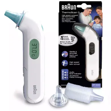 Fieberthermometer, BRAUN, Weiß – Besonderheit: mißt die vom Innenohr abgegebene Infrarot-Strahlung