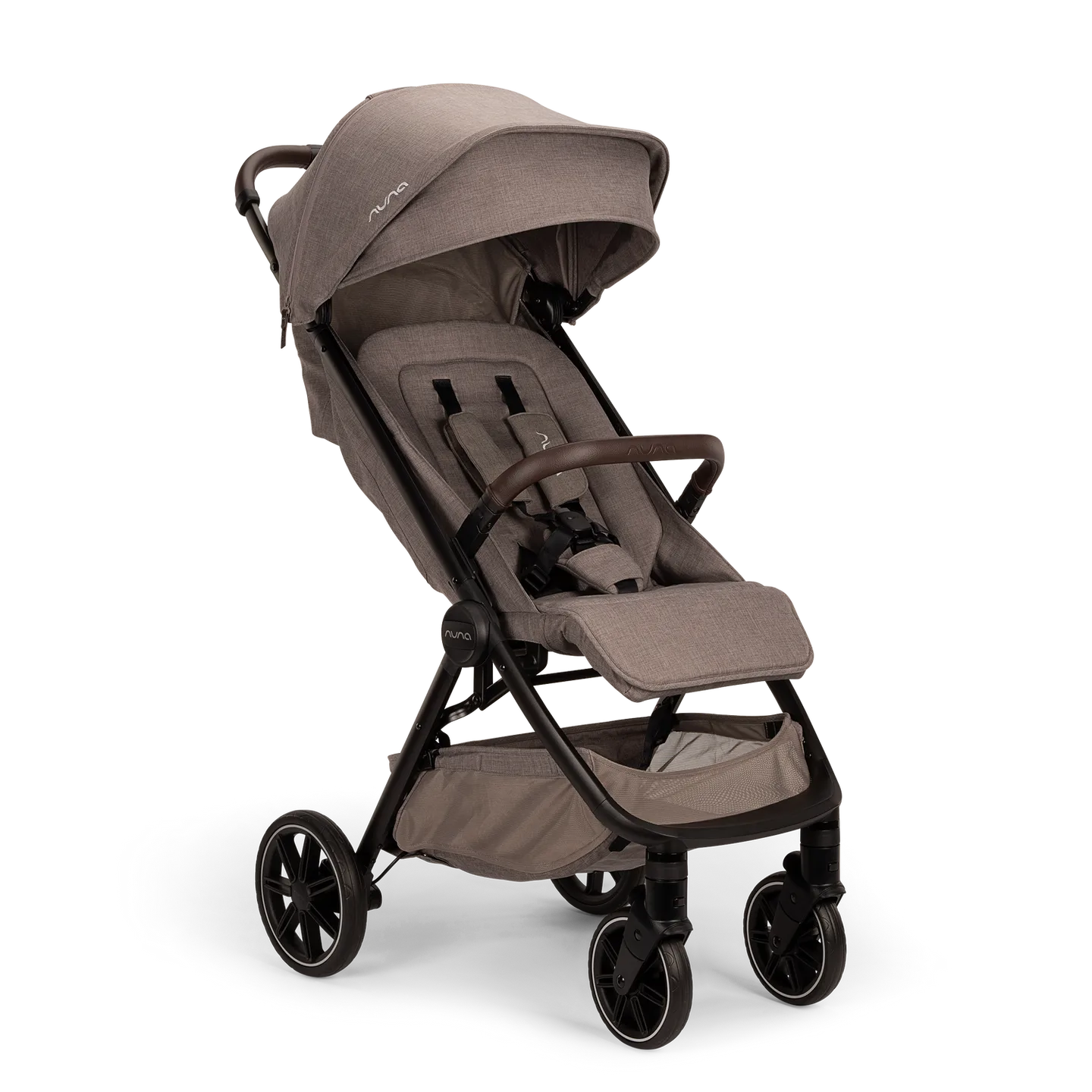 Kinderwagen ein mit einem beige stoffbezug darauf.