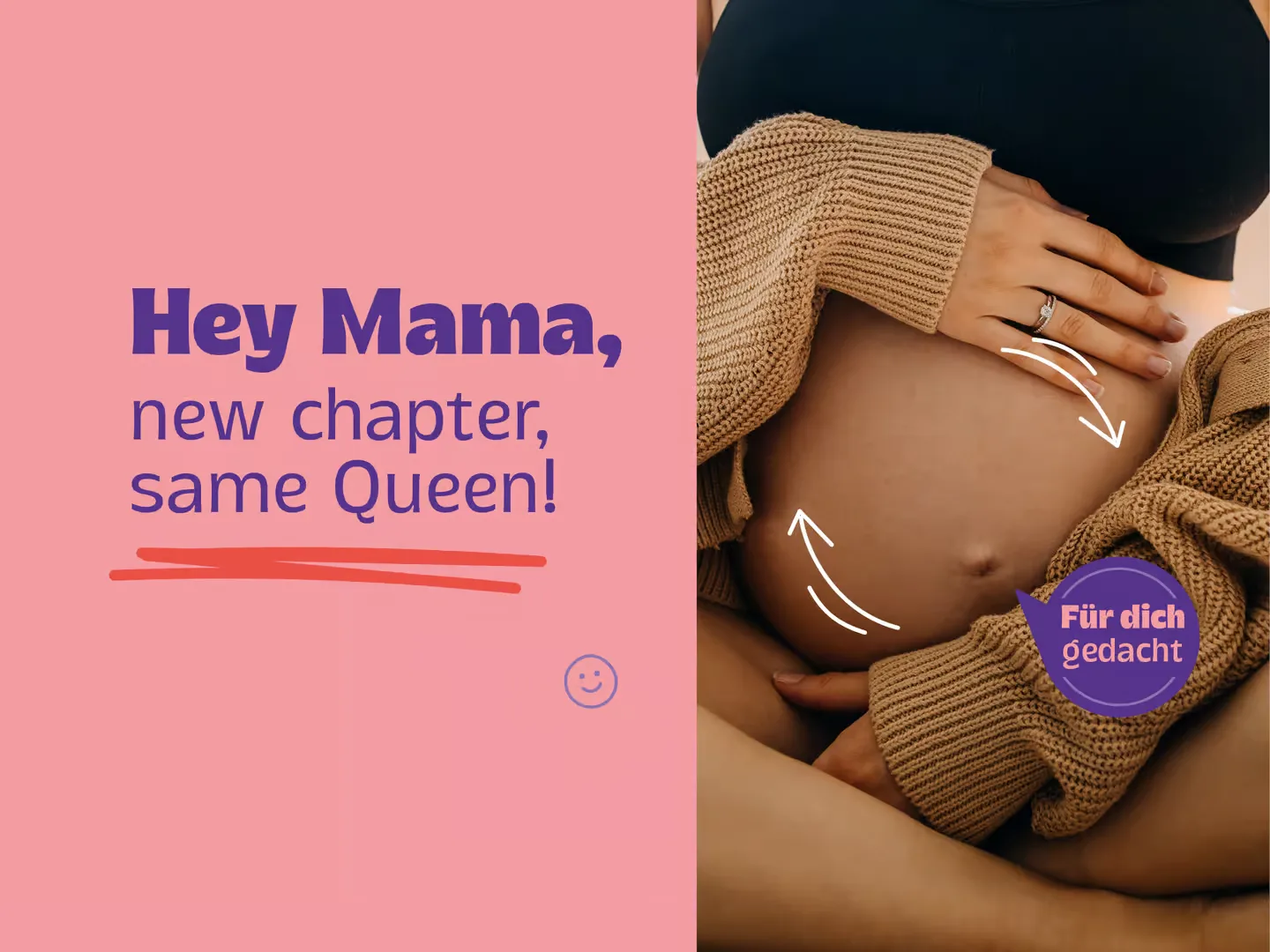 Slogan Hey Mama, new chapter same Queen Abbildung schwangere Frau hält ihren Babybauch
