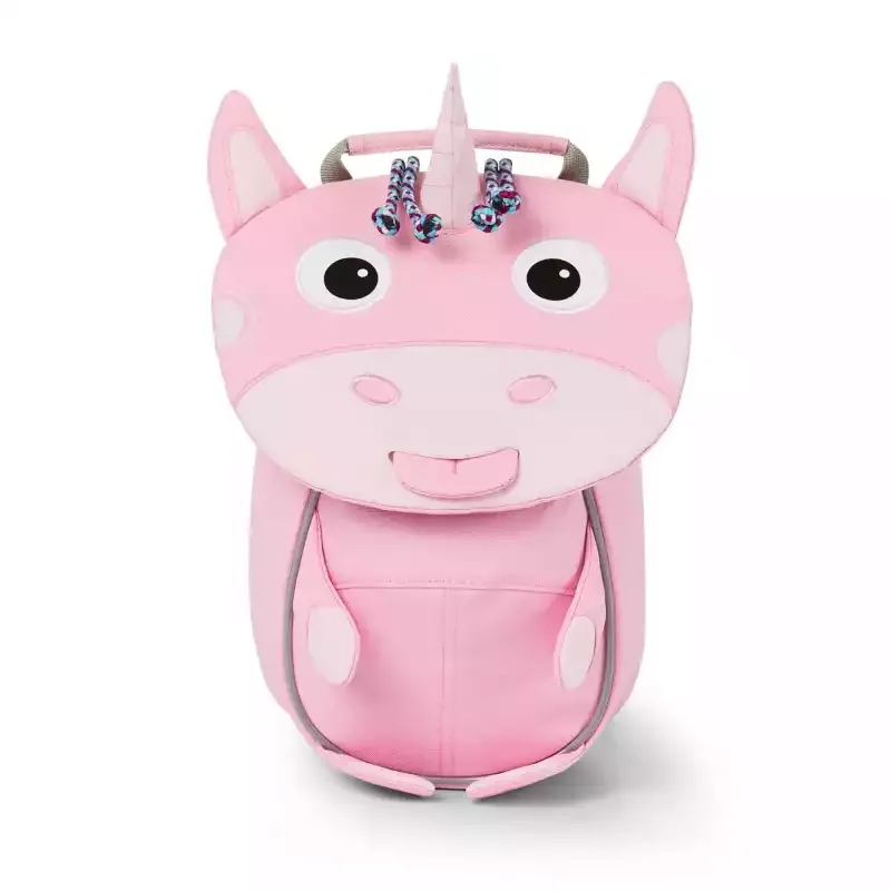 Rucksack ein rosa mit einem einhornkopf darauf.
